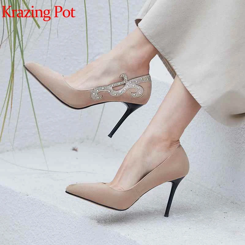 

KRAZING POT wedding shoes sheep suede brand shoes super thin high heels bling crystal pointed toe slip on fashion sexy pumps L27