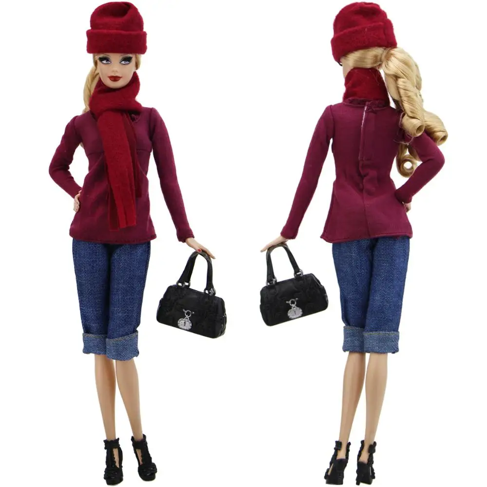 1 Set Fashion Winter Lady Outfit Red Blouse Scarf Cap Jeans Trousers Handbag Shoes Clothes For Barbie Doll Accessories DIY Toy | Игрушки и