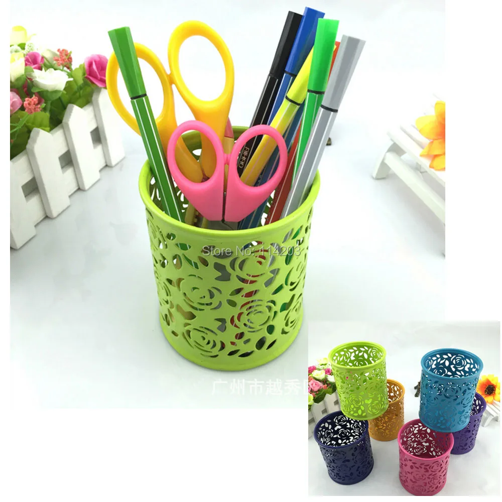 

Rose Pattern Desk Container Mesh Hollow Design Office Stationery Accessories Metal Round Pen & Pencil Holder for desk organizer