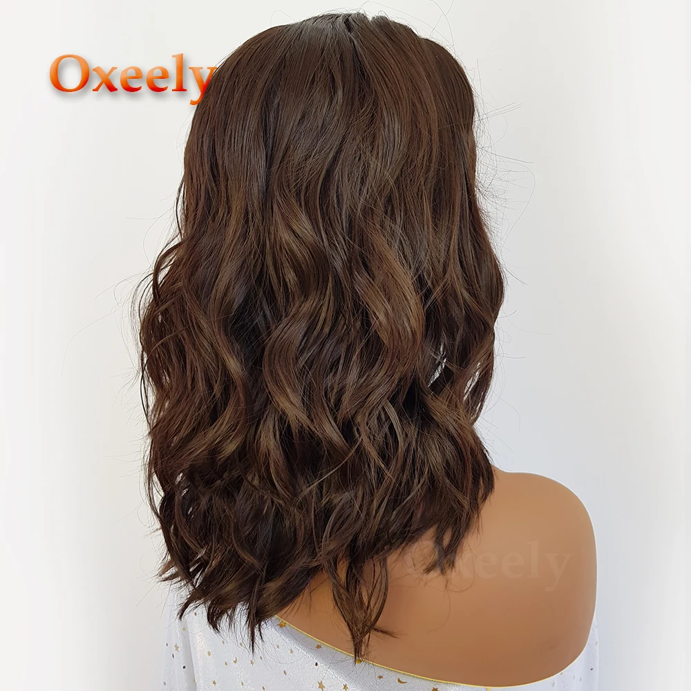 Oxeely короткие волнистые волосы боб синтетические парики на кружеве#8 Цвет Lob волосы на кружеве парики для женщин 180% с детскими волосами