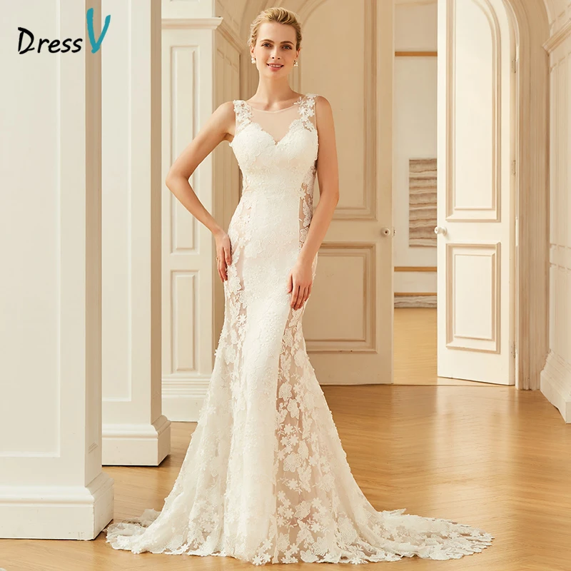 

Dressv lace elegant scoop neck wedding dress sleeveless floor length backless bridal outdoor&church trumpet wedding dresses
