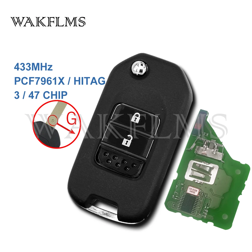 

2 Button Remote Flip Car Key 433MHz Fob for Honda Civic with PCF7961 HITAG 3 Chip HLIK6-3T
