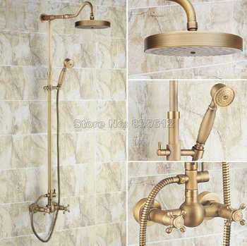 

Antique Brass Bathroom Rain Shower Faucet Set with Handheld Shower Head & Wall Mounted Dual Cross Handles Mixer Taps Wrs132