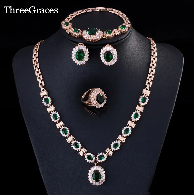 

ThreeGraces Famous Brand Vintage Green CZ Stone Necklace Earrings Bracelets Ring Evening Party Jewelry Set For Women JS169
