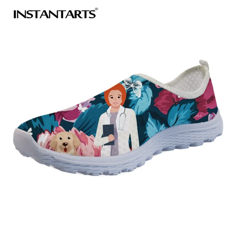 

INSTANTARTS Summer Slip-on Flats Shoes Women Casual Shoes Breathable Female Walking Sneaker Floral Veterinarian 3D Print Flats