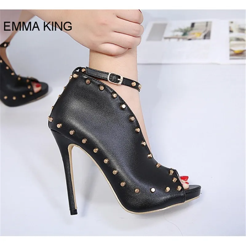 

EMMA KING V Open Type Women Sandals Rivet Decoration Ankle Buckle Strap Peep Toe Thin High Heels Sexy Ladies Shoes For Party