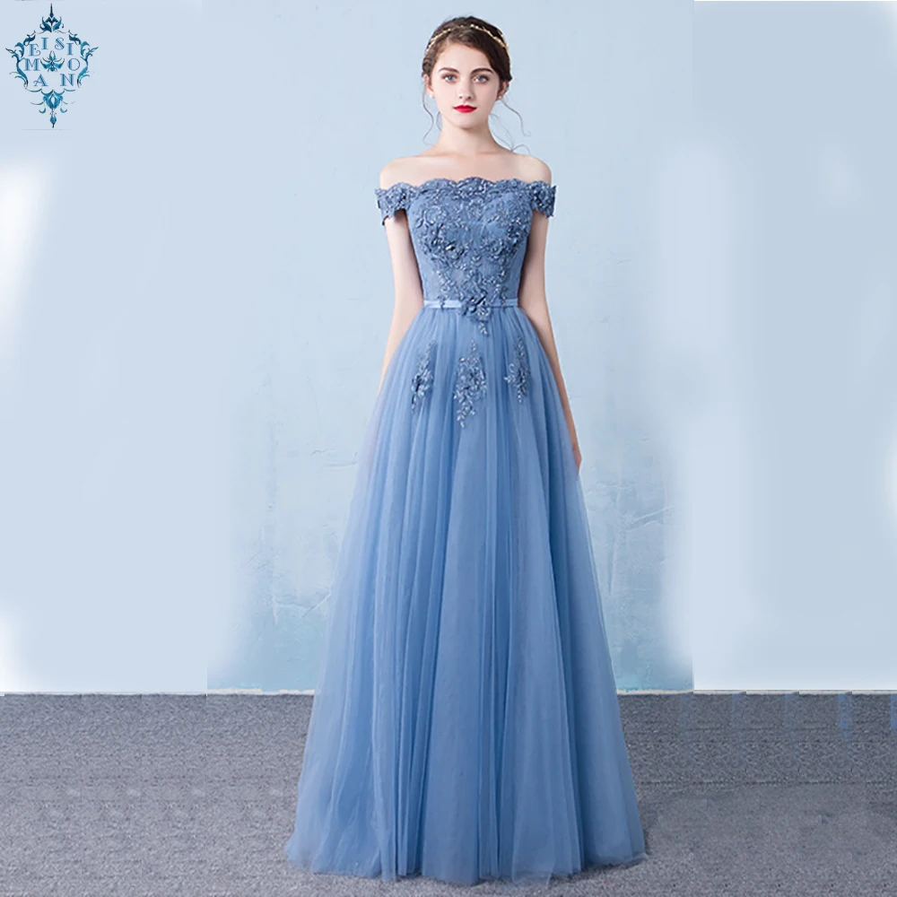 

Ameision Long A Line Lace Applique Evening Dresses 2019 Elegant Beading Boat Neck Party Dress Tulle Prom Gown