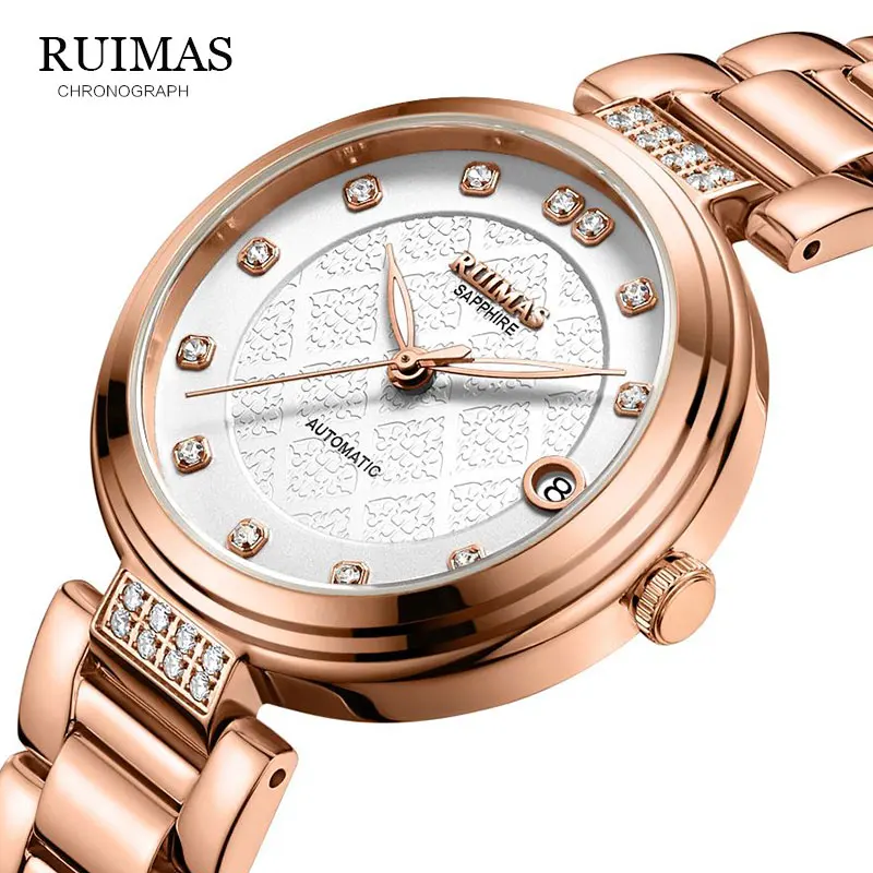 

RUIMAS Classic Women Simple Watch Automatic Stainless Steel Rose Dial WristWatch Auto Date Ladies Mechanical Relogio Feminino
