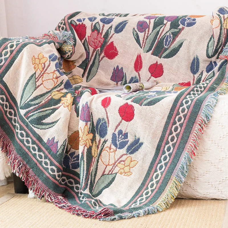 ESSIE HOME Floral Blanket For Sofa Living Room Bedroom Rug Yarn Dyed