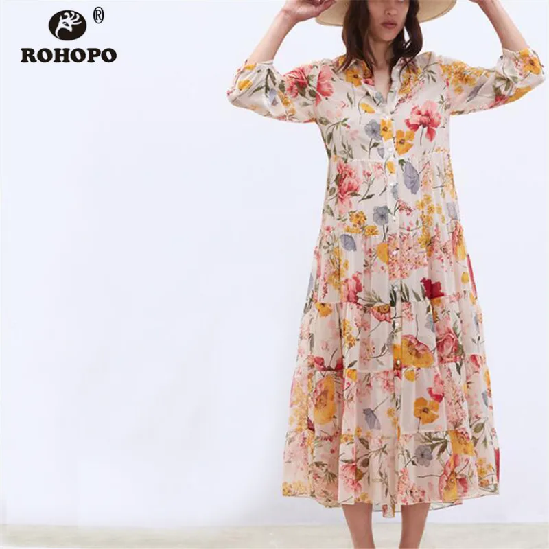 

ROHOPO 2 Pieces Women Long Sleeve Printed Floral Pink Dress Single Breast Muilways Pleated Dress Dreaped Maxi Midi Dresses