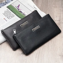 Business Cow genuine leather slim men long wallet High Quality zipper thin phone purse vintage soft man clutch coin monry pocket