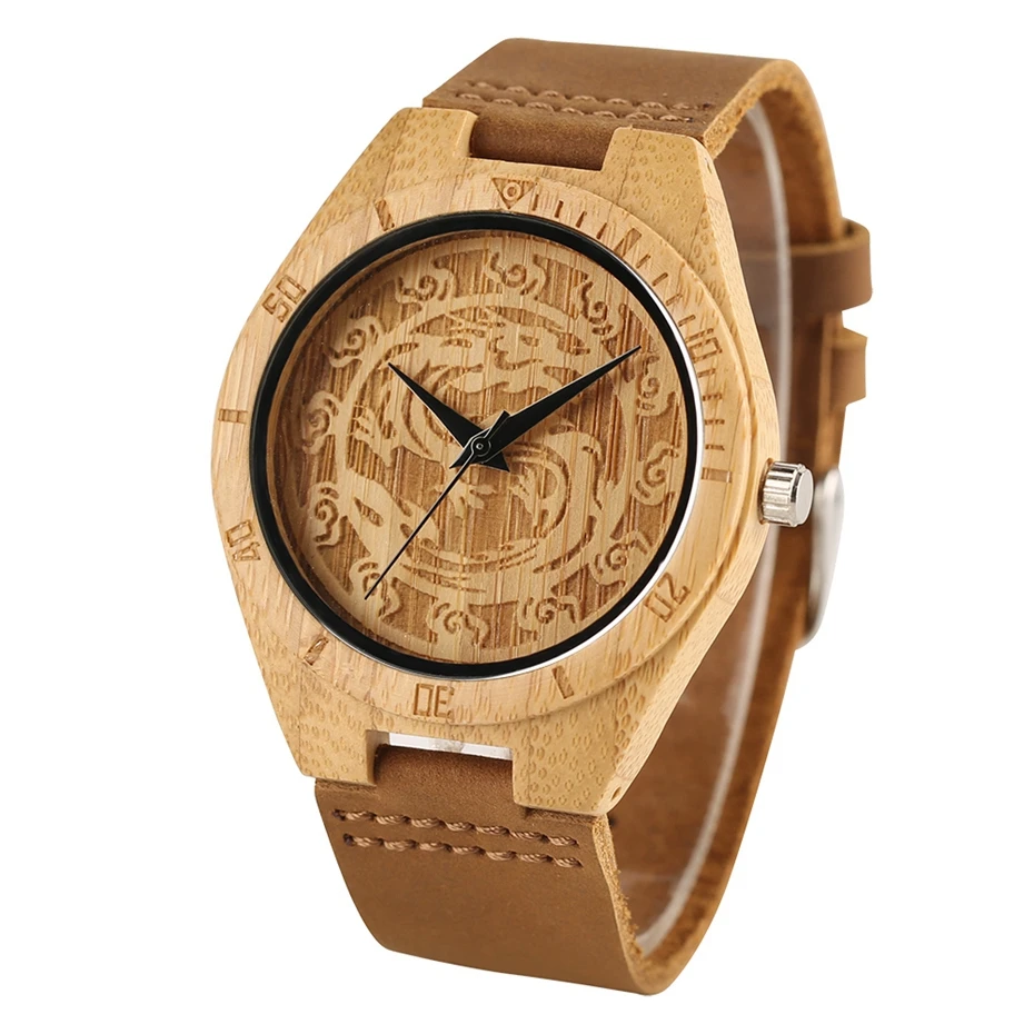 Creative Hands Craft Dragon Dial Wooden Watches Natural Bamboo Analog Genuine Leather Carving Wood Quartz Watch Men Reloj Hombre 2018 (2)