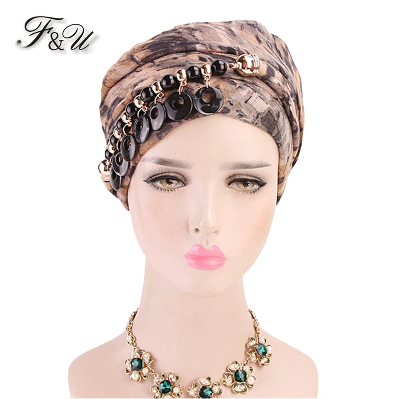 

F&U Ethnic Style Women Kerchief Colorful Printing With Acrylic Necklace Muslin Lady Polyester Hair Scarf 6 Colors Available