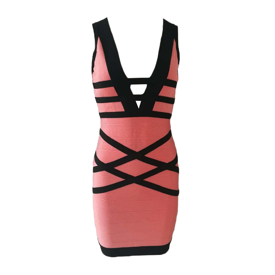 

New Arrival Fashion Sexy Club Bodycon Sleeveless Mini Dresses Cross Strip V Neck Bandage Evening Party Pink Elegant Dress