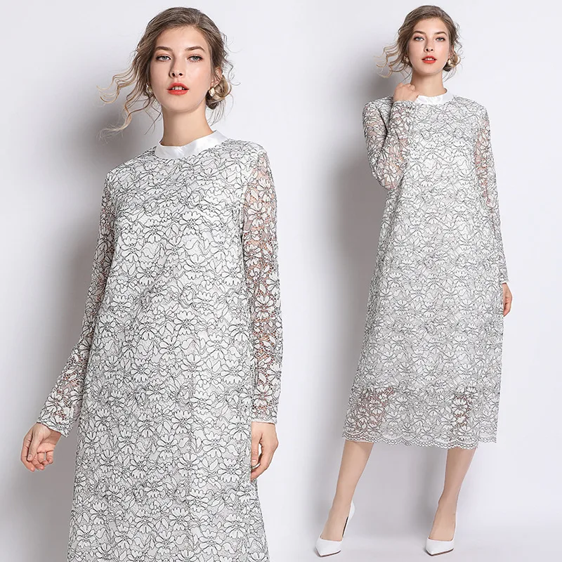 S-xxl весенне-летнее женское платье с черной каймой, белым цветочным узором, кружевное платье с длинным рукавом длиной до икры, свободное кружевное платье трапециевидной формы