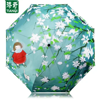 

TIANQI Creative Fresh Style Three Fold Art Painting Waterproof Umbrella Women Rain And Sun Umbrellas Paraguas