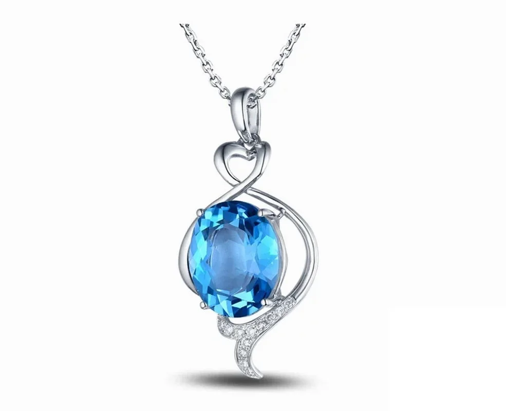 CaiMao 18KT/750 White Gold 6.39 ct Natural IF Blue Topaz & 0.09 ct Round Cut Diamond Engagement Gemstone Pendant Jewelry