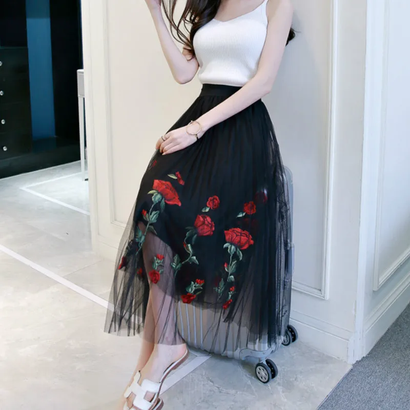 2017 Spring Summer Fashion elastic band waist rose flower emboridery long mesh skirts women high