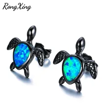RongXing Милая черепаха синяя пожарная запонка с опалом серьги для женщин мужчин украшения со стразами в виде животных винтажные черные позолоченные серьги Ear0658