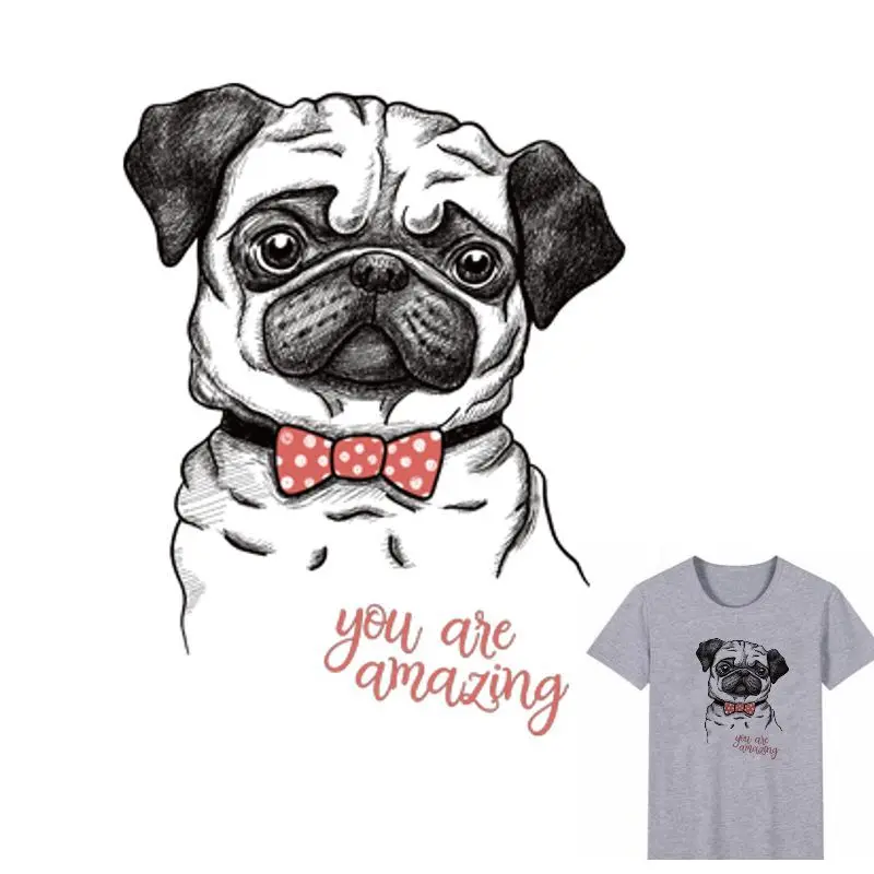 

Pug Dog Iron On Patches A-level Heat Transfer Pyrography Washable Patch For DIY Clothes T-Shirt Bags Decoration Printing 25x19cm
