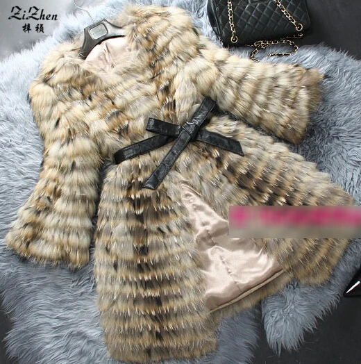 Зимние теплые пальто из натурального меха енота для женщин с поясом длинная Роскошная полосатая Верхняя одежда куртка из натурального меха 131014-1