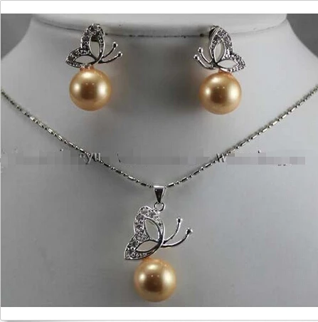 

12mm Golden South sea Shell Pearl Earrings & Necklace Pendant Set ^^^@^Noble style Natural Fine jewe FREE SHIPPING