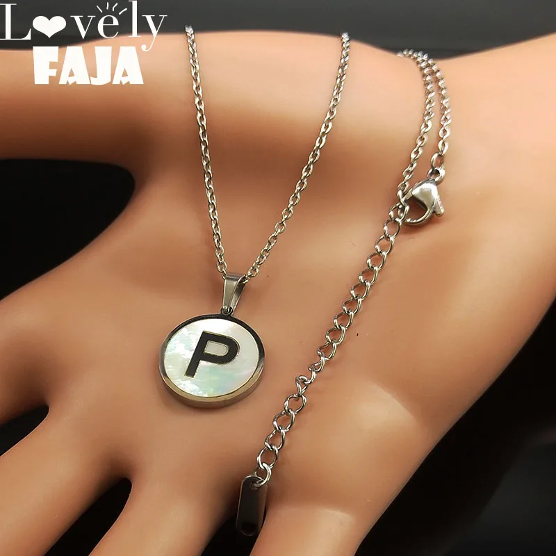 

2019 New Fashion P Round Shell Stainless Steel Necklace for Women Small Silver Color Necklaces Pendants Jewelry joyas N18639