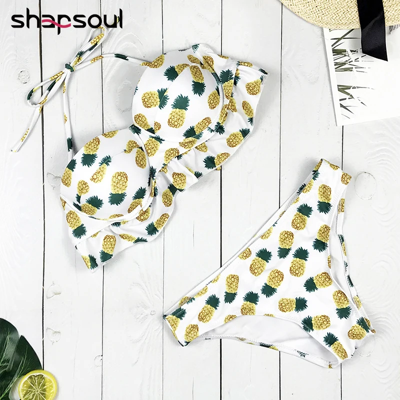 

Pineapple Plant Pattern Bikini Set Lovely Ananas Swimsuit Women Push Up String Halter Ruffle Swimwear White Background Beachwear