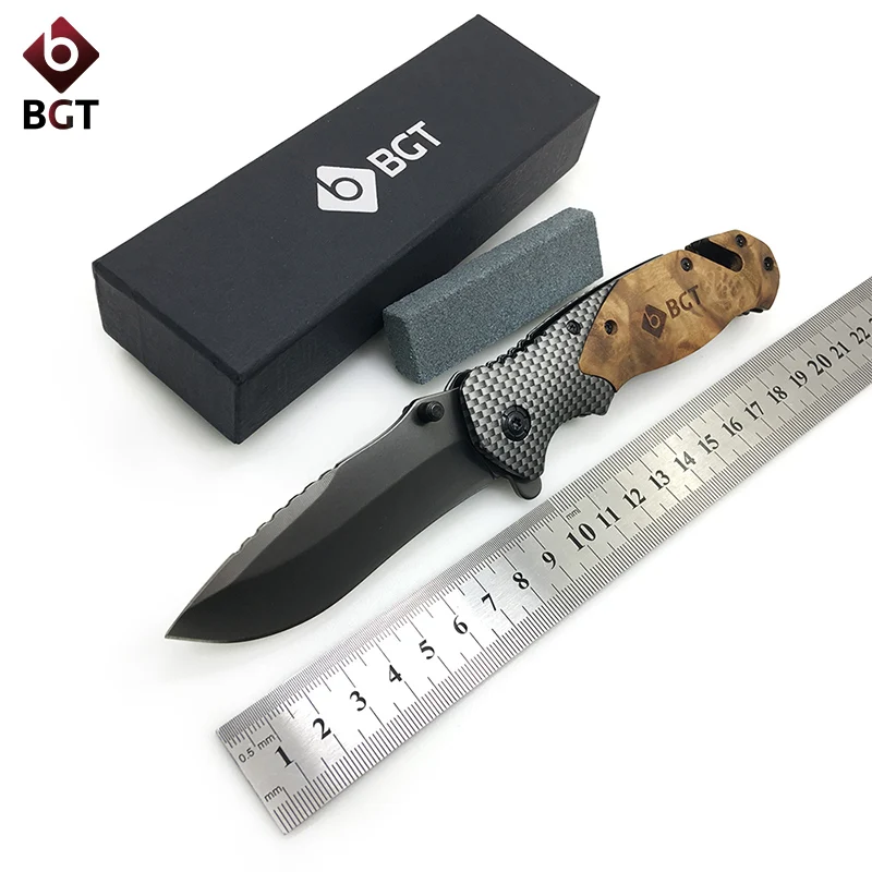 X50 Survival Folding Flipper Knife 9CR18 Steel Carbon Fiber Wood Handle