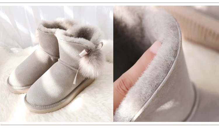 G& Zaco/ботинки из натуральной овечьей кожи; короткие зимние ботинки на овечьем меху; натуральная шерсть; зимние женские ботильоны на плоской подошве с милым бантом и лисьим помпоном