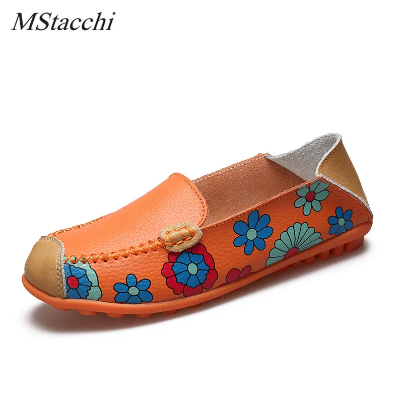 

Mstacchi New 2018 Flats Moccasins Summer Flower Print Women Genuine Leather Shoes Woman Flat Flexible Nurse Peas Mother Footwear