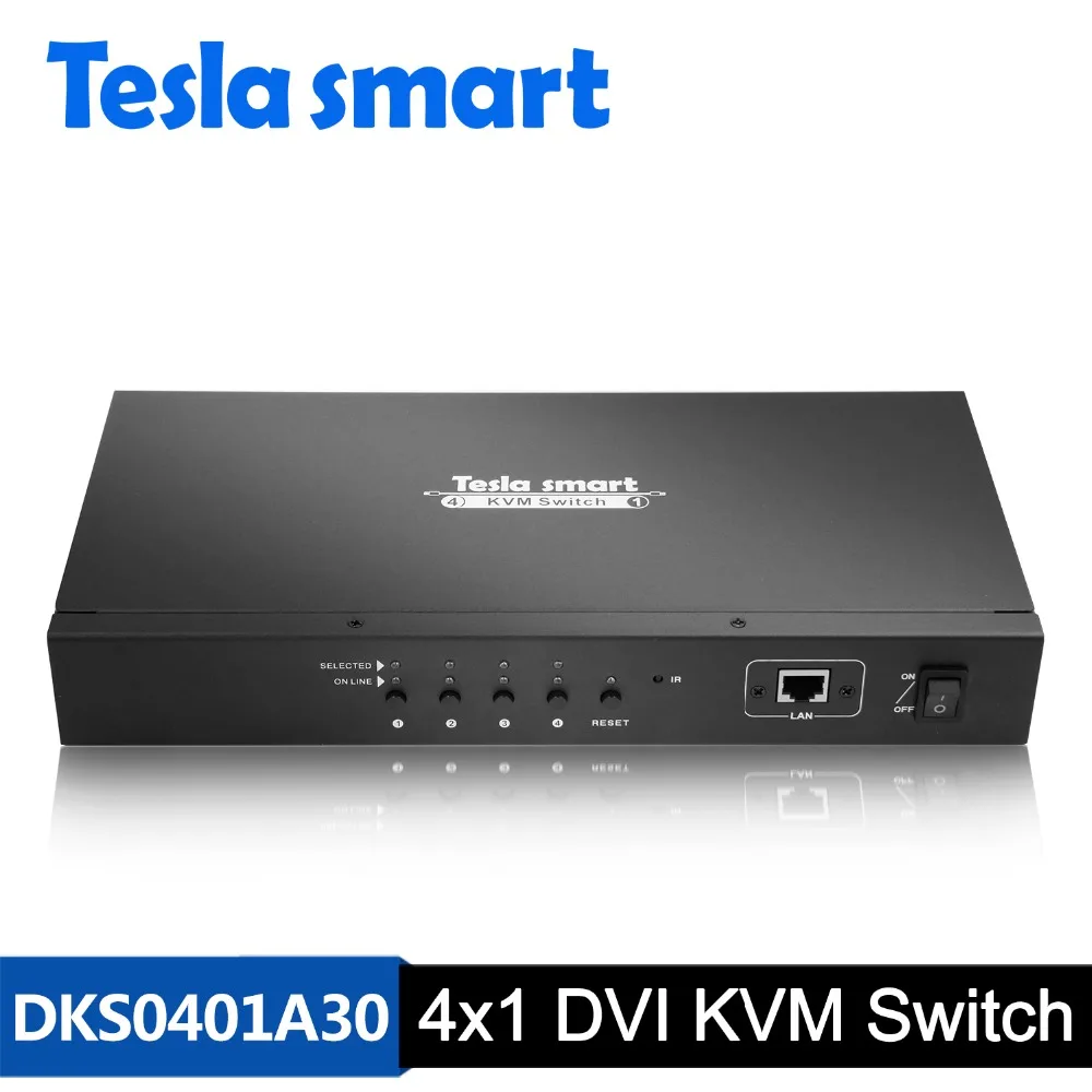 DHL Бесплатный доставка Tesla Smart DVI KVM переключатель 4 порта с IP управлением USB2.0 аудио