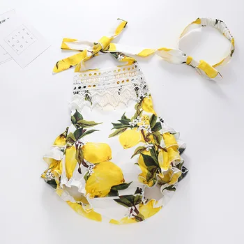 

Ins Children Baby Girl summer bubble romper Lemon fashion Floral ruffle Kids Infant lace romper with matching headband RM19037