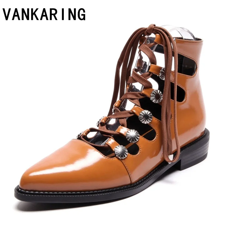 

VANKARING 2019 spring women pumps shoes med heels pointed toe rivets patent leather rome style shoes woman casual shoes pumps