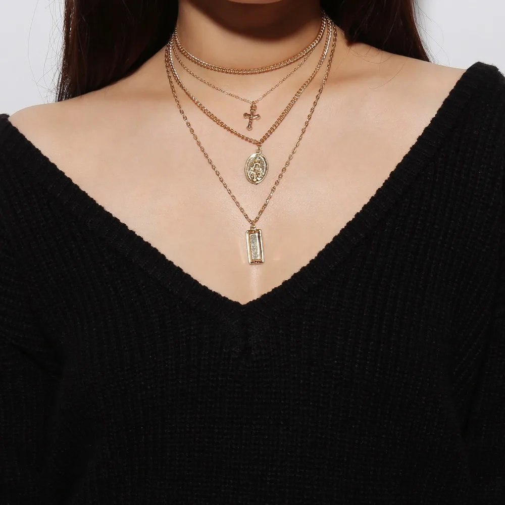 Retro Women Square Cross Virgin Mary Pendant Chain Necklace Multilayer Clavicle Exquisite Pendent Set Combination | Украшения и