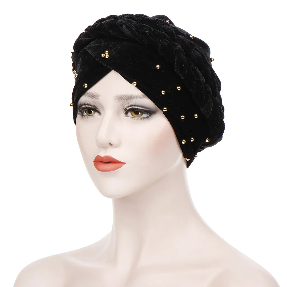 Helisopus Новинка, чалма из бисера, модная однотонная бархатная шапка, шапочки, мусульманские женские головные уборы, аксессуары для волос - Цвет: Черный