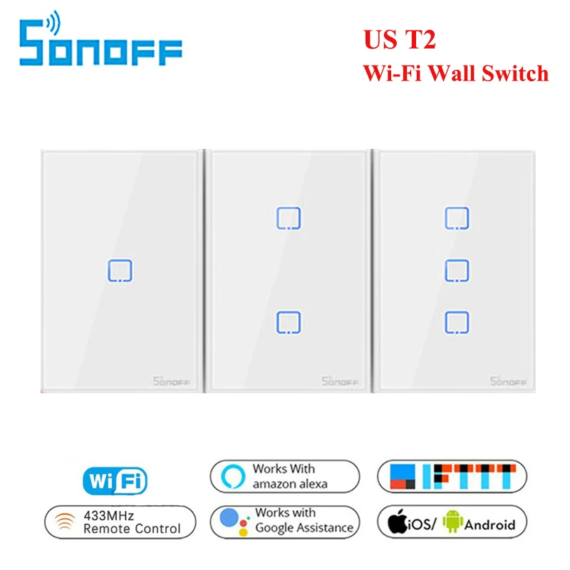 

Itead Sonoff New T2 US 120 Size 1/2/3 gang 433Mhz RF Remoted Controlled Wifi Switch With Border Works With Alexa Google Home