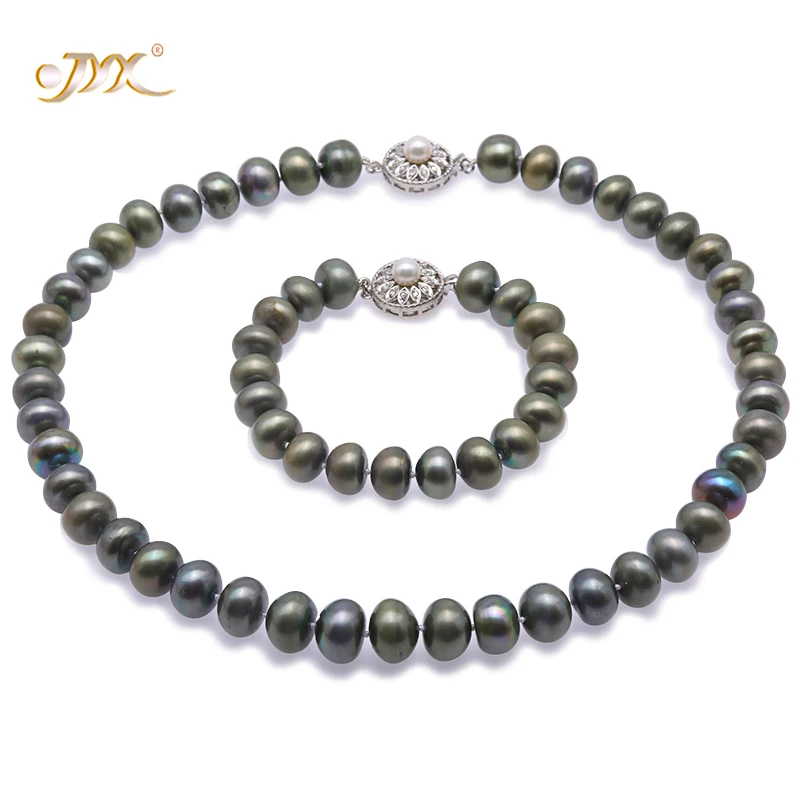 

Genuine Pearl Jewelry Set - 11-13mm Greenish Black Freshwater Pearls Necklace Jewelry and Bracelet Set 18.5" - AA