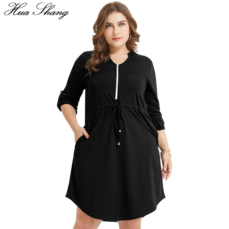 

Plus Size Short Mini Dress Women Summer Zipper V Neck Long Sleeve Dress Pockets Loose Oversized Ladies Irregular Tunic Dresses