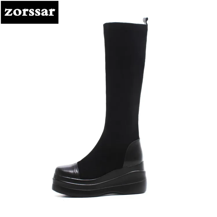 

{Zorssar} 2018 New Warm Women Snow Boots Womens Knee High boots High heels platform shoes Suede leather Winter woman shoes