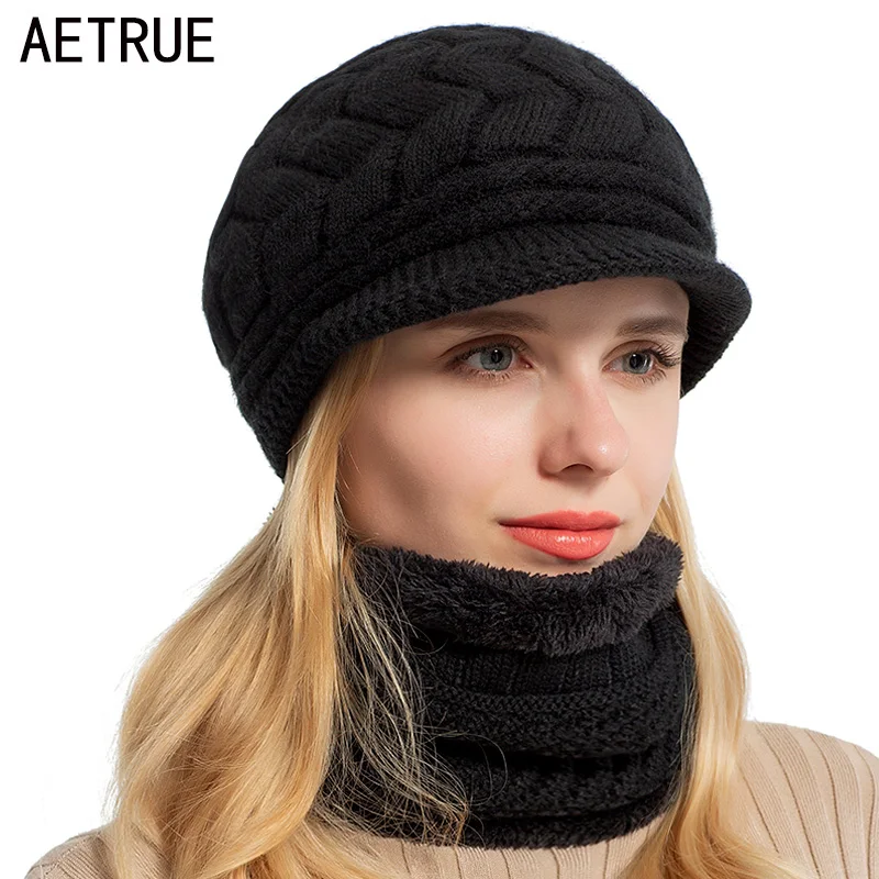 AETRUE Skullies облегающие Шапки женская вязаная шапка шарф женские зимние шапки для