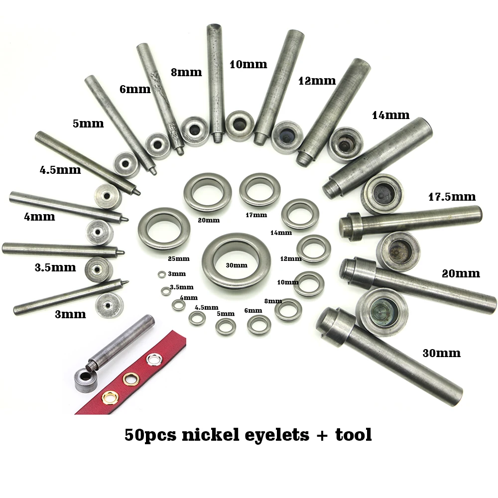 Garment Cloth Doll 50 set nickel eyelet and Metal Eyelet Punch Die Tool Set for Leather Craft Clothing Jeans, Apparel, 3-30mm