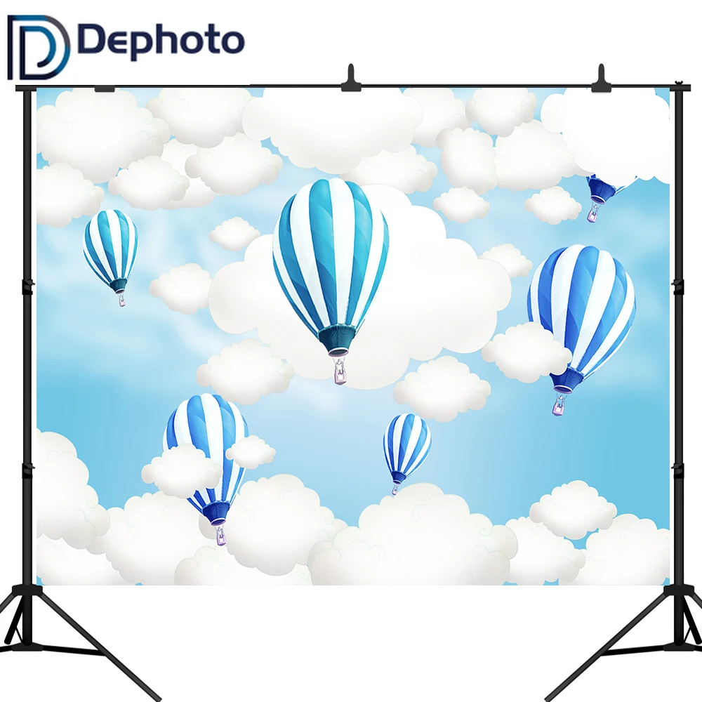 Dephoto Hot Air Balloon Backdrop Kids Birthday Party Blue Sky Clouds