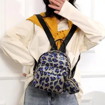 

Women Girl Sequin Leopard Print Zipper School Bag Backpack Travel Shoulder Clutch Composite Pub Bag Black Dark Blue Gold Red