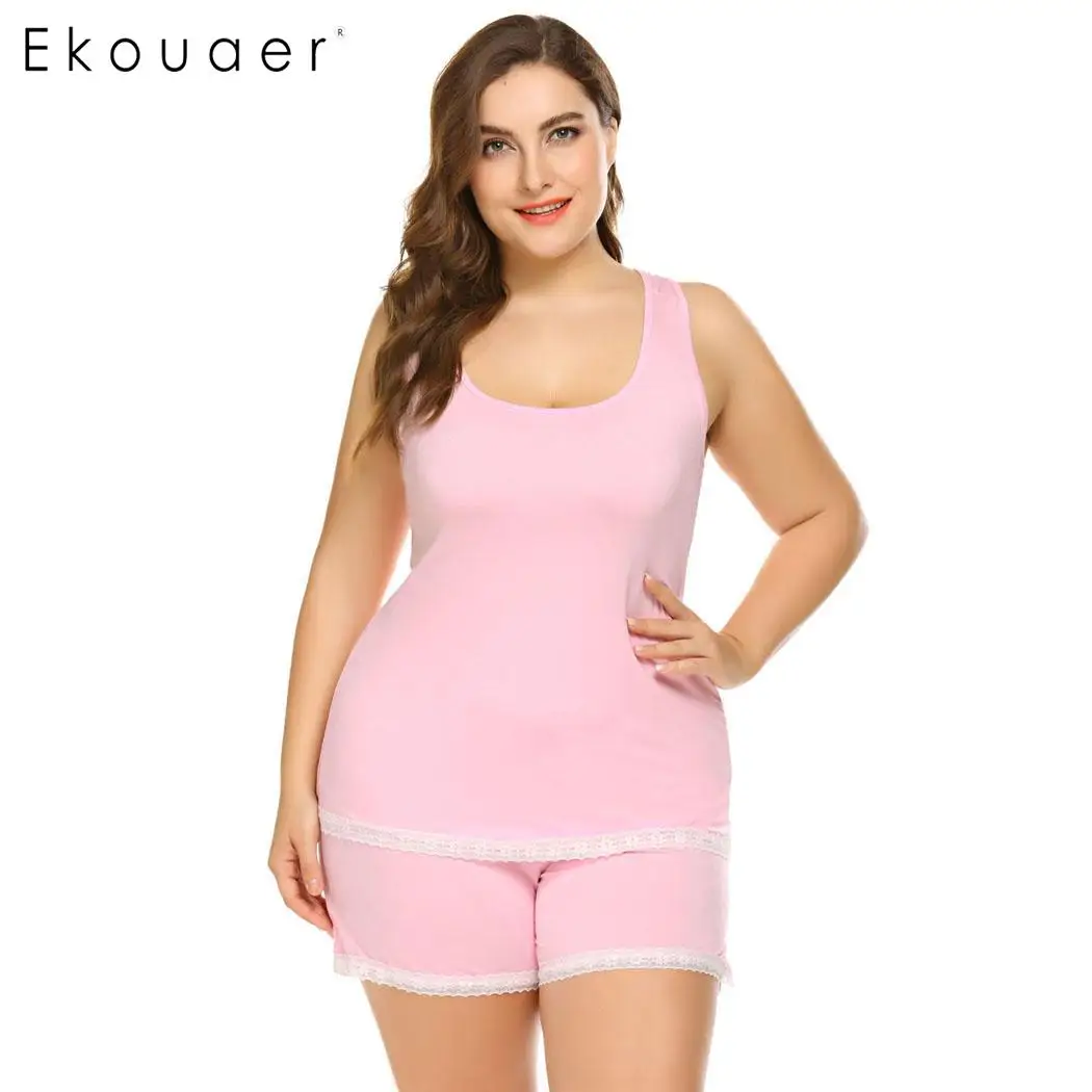 Ekouaer плюс размер пижамы женские пижамные комплекты майка и шорты одежда для отдыха женское белье Комплекты для сна Домашняя одежда XL-5XL - Цвет: Pink