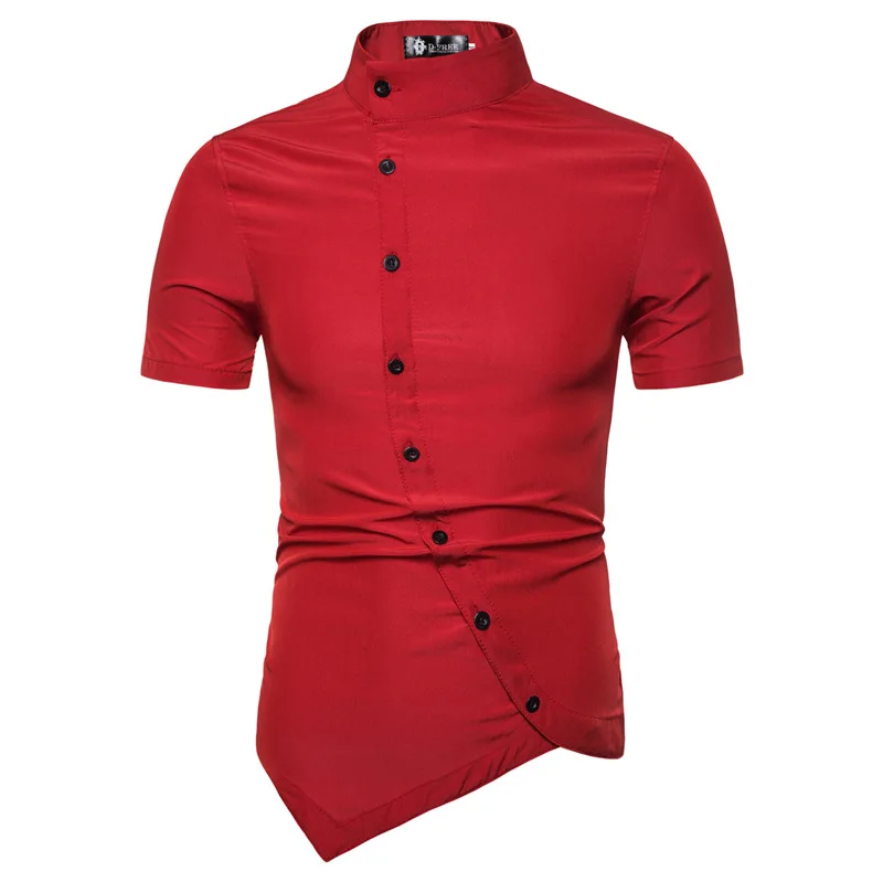 Летняя повседневная мужская рубашка с короткими рукавами, с наклонной пуговицей, черный, белый, красный цвет, нестандартная приталенная блузка, рубашка Camisa Hombre
