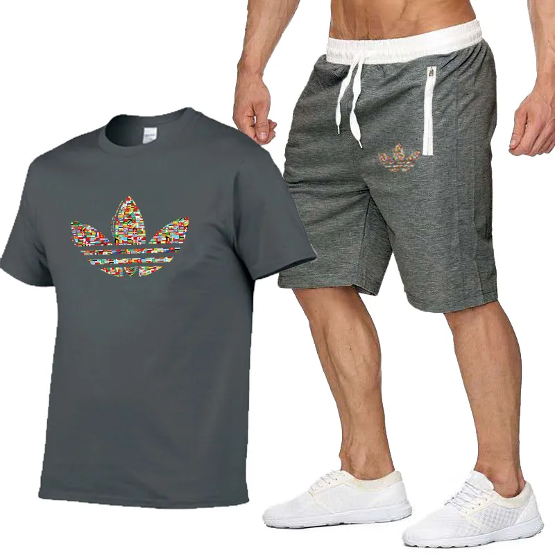 

2019 New summer T-shirt+shorts Men's Sets Print Men Brand Clothing Two piece suit Mens Sportswear Tracksuit Gyms shorts Sets