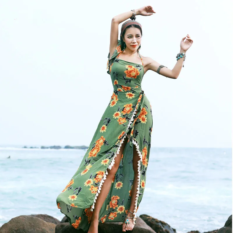 

Summer Women Personality Bohemia HalterCollar Floral Print Tassel Side Slit Beach Loose CottonSeaside Long Dress