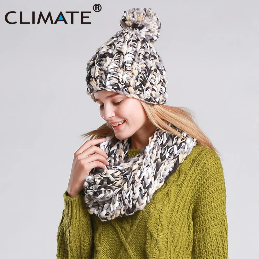 CLIMATE Women Winter Hat And Scarf Set Warm Girls Lady Knit Pompom Beanie Sacrf Sets Women Bonnet Collar Pom Hat Scarf Hat Sets 4