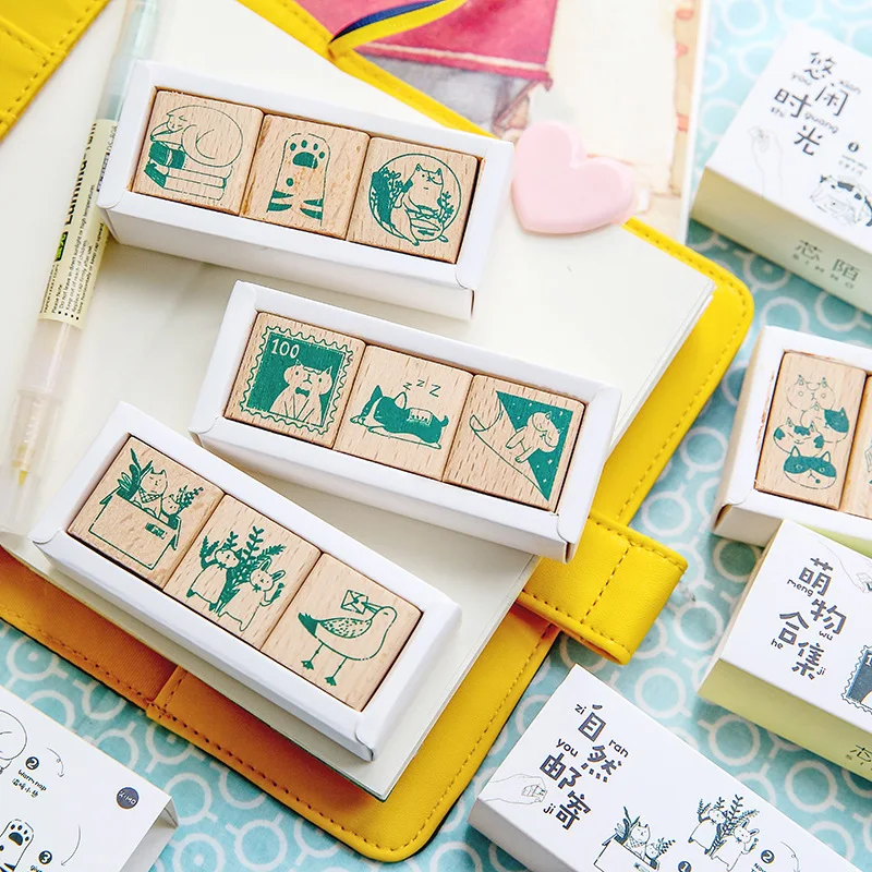 Vintage Cartoon cute cat DIY wooden rubber stamps set for scrapbooking stationery scrapbooking standard stamp